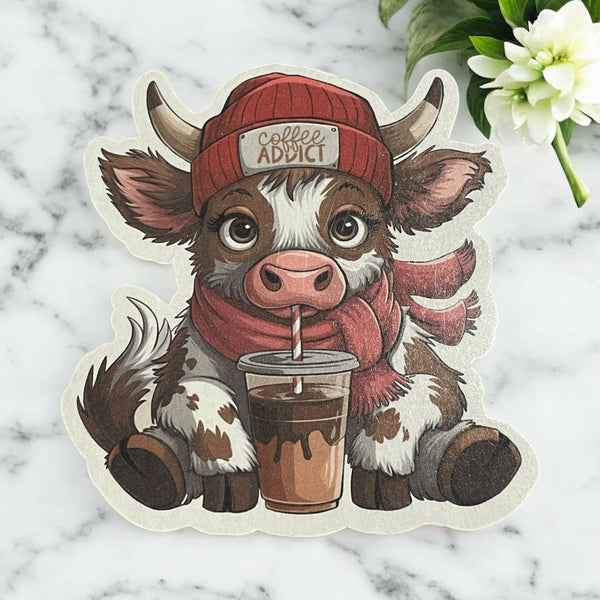 Coffee Addict Highland Cow Vinyl Sticker 
